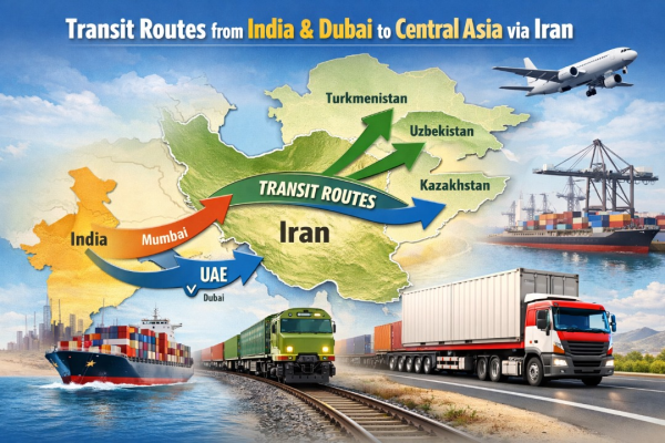 مسیرهای ترانزیتی از هند و دبی به آسیای میانه از طریق ایران